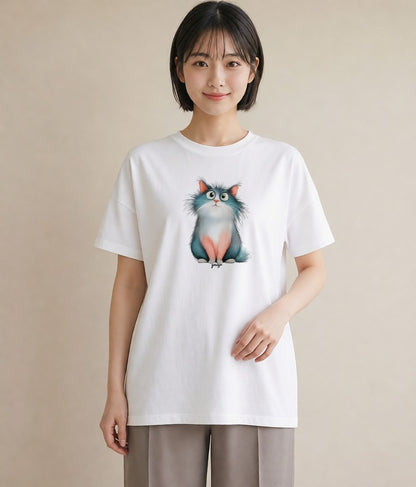 Tシャツ レディース ロシアンブルー 猫 ねこ イラスト こなれ感 ホワイトデー 春服 白T YMAZO