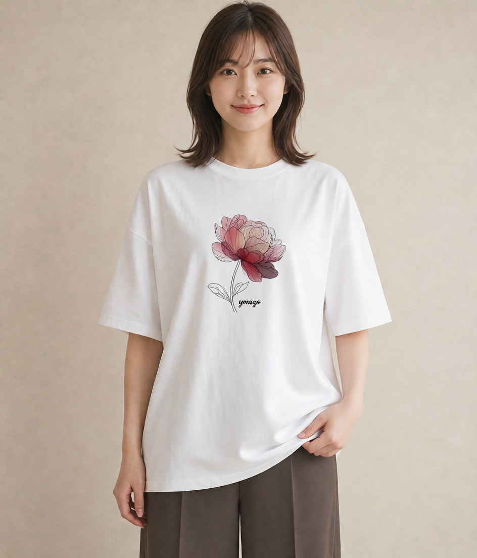 プリントTシャツ レディース 牡丹 花 花柄 イラスト 旅行コーデ 親子 20代 白T