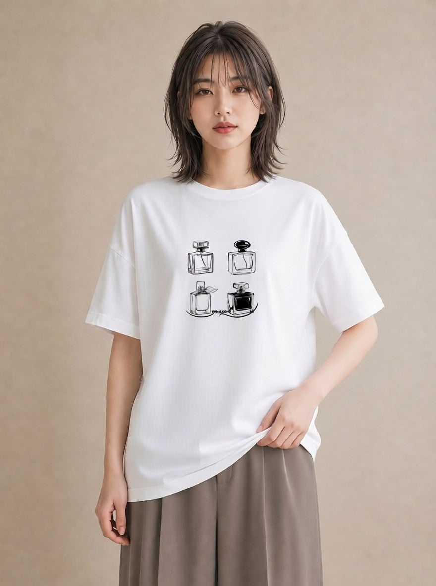 Tシャツ レディース 香水 香水瓶 パフューム イラスト レトロ 送別ギフト 通勤 白T YMAZO