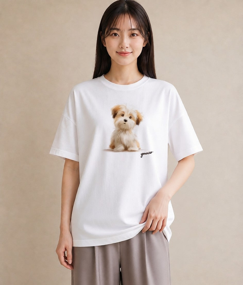 プリントTシャツ レディース 子犬 犬 いぬ イラスト ニュアンス 春服 ミセス 白T YMAZO