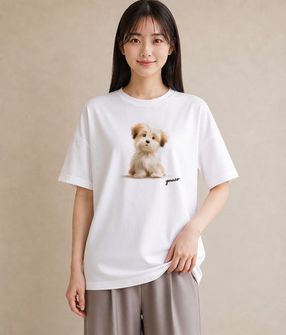 プリントTシャツ レディース 子犬 犬 いぬ イラスト ニュアンス 春服 ミセス 白T YMAZO
