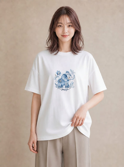 半袖Tシャツ レディース ぞう 動物 アニマル イラスト ヴィンテージ風 夏コーデ 通学 白T YMAZO
