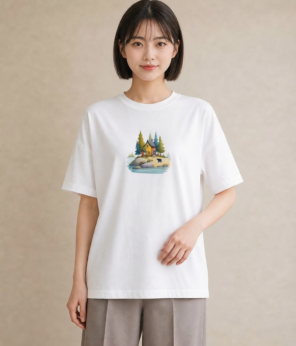プリントTシャツ レディース 湖畔の小屋 湖 小屋 ナチュラル アンティーク イラスト 抜け感 デート 帰省 白T YMAZO
