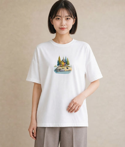 プリントTシャツ レディース 湖畔の小屋 湖 小屋 ナチュラル アンティーク イラスト 抜け感 デート 帰省 白T YMAZO