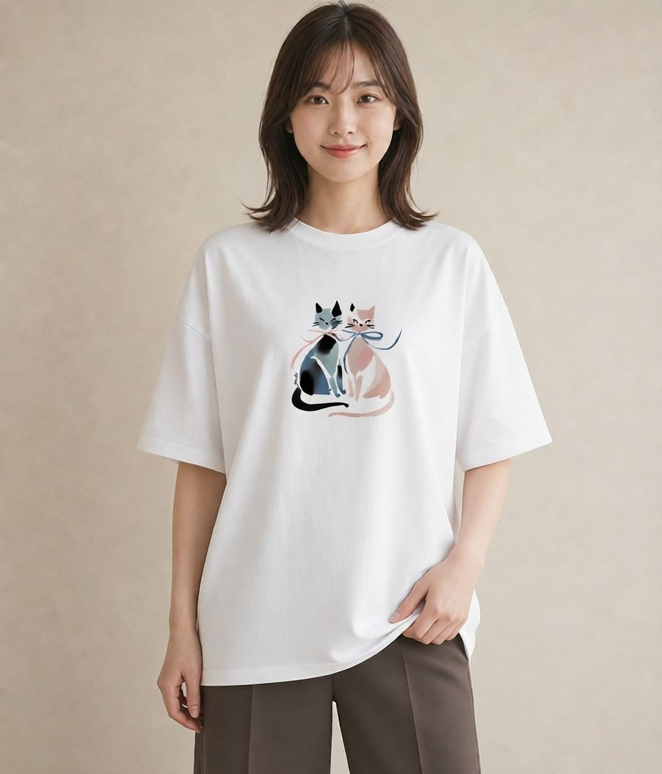 グラフィックTシャツ レディース ニャンコ 猫 ねこ イラスト 普段使い ギフト 母の日 白T YMAZO
