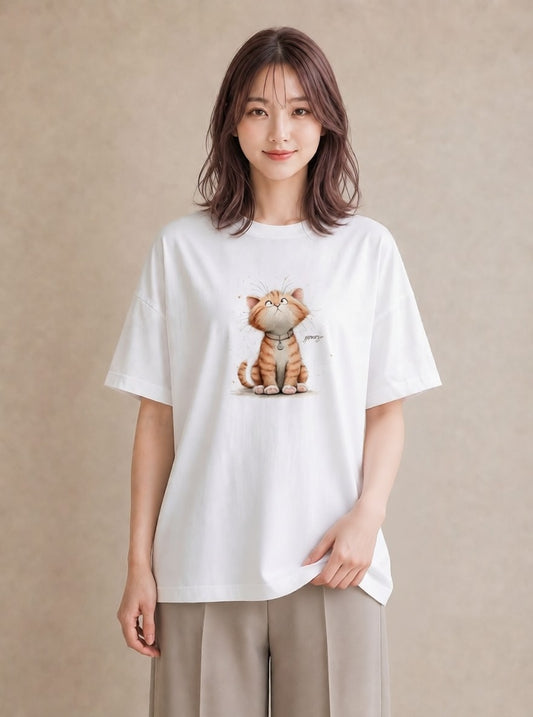 グラフィックTシャツ レディース 猫好き 猫 ねこ イラスト 旅行コーデ ラフ レイヤード 白T YMAZO