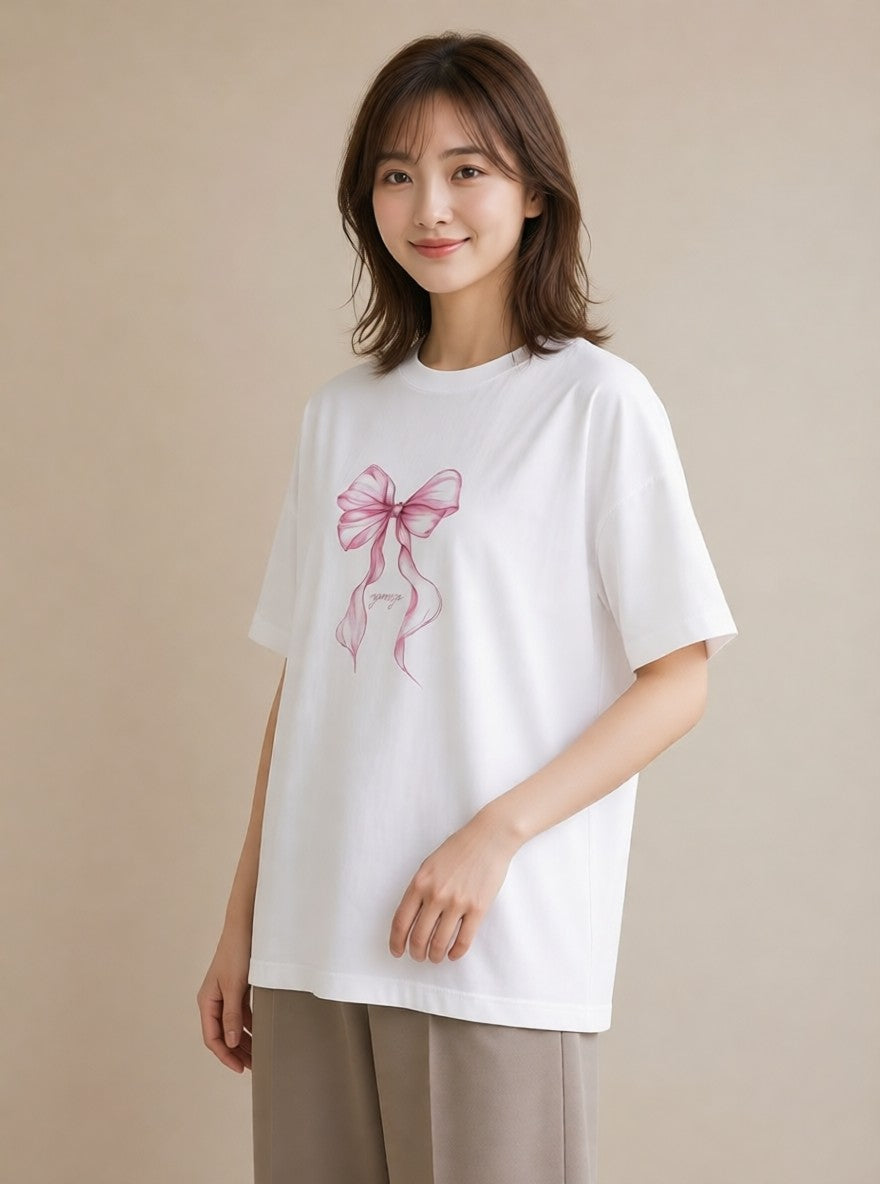 半袖Tシャツ レディース リボン 蝶結び ナチュラル アンティーク イラスト 普段使い 在宅 公園 白T YMAZO