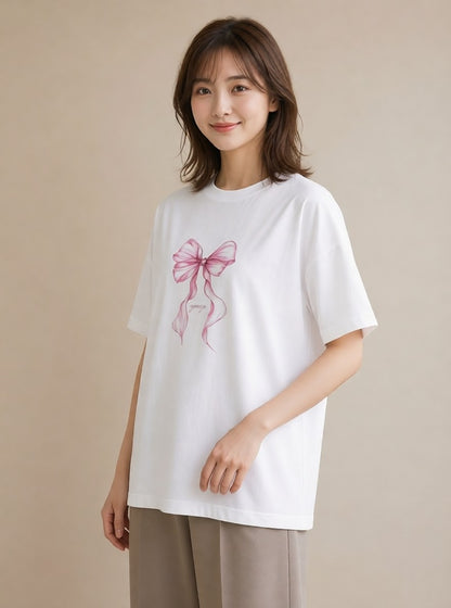 半袖Tシャツ レディース リボン 蝶結び ナチュラル アンティーク イラスト 普段使い 在宅 公園 白T YMAZO