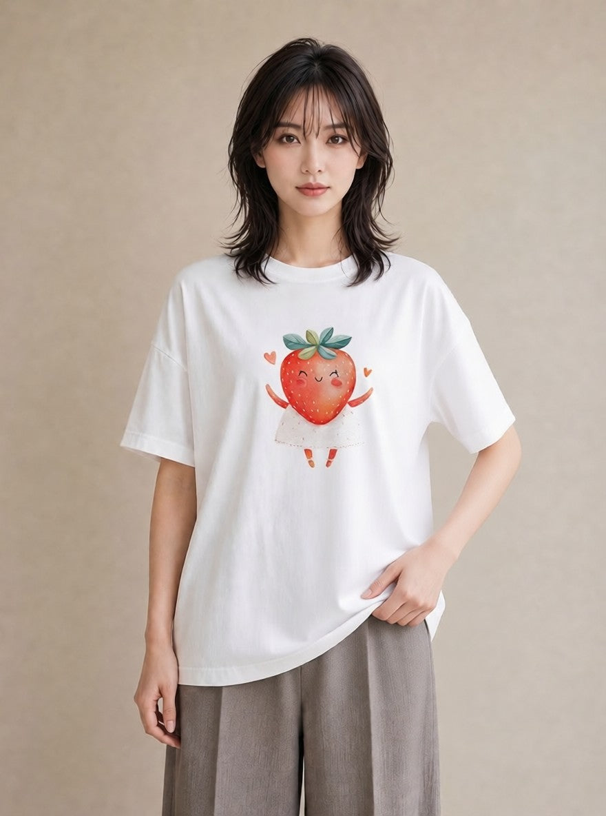 プリントTシャツ レディース いちご 苺 ストロベリー 食べ物 フード イラスト 20代 カジュアルコーデ 白T YMAZO