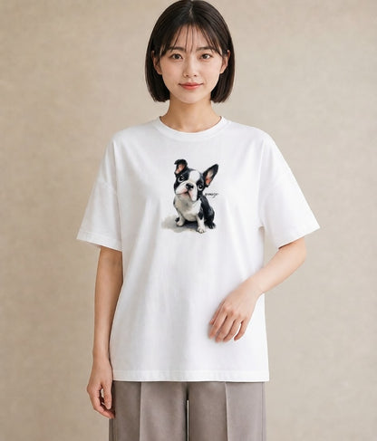 Tシャツ レディース ボストンテリア 犬 いぬ イラスト お洒落 ペアコーデ 秋コーデ 白T YMAZO
