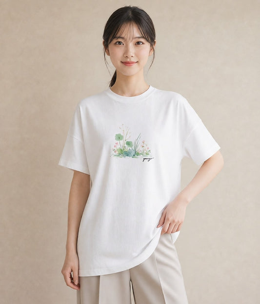 Tシャツ レディース 芝生 植物 ボタニカル イラスト 休日コーデ ホワイトデー 春服 白T YMAZO