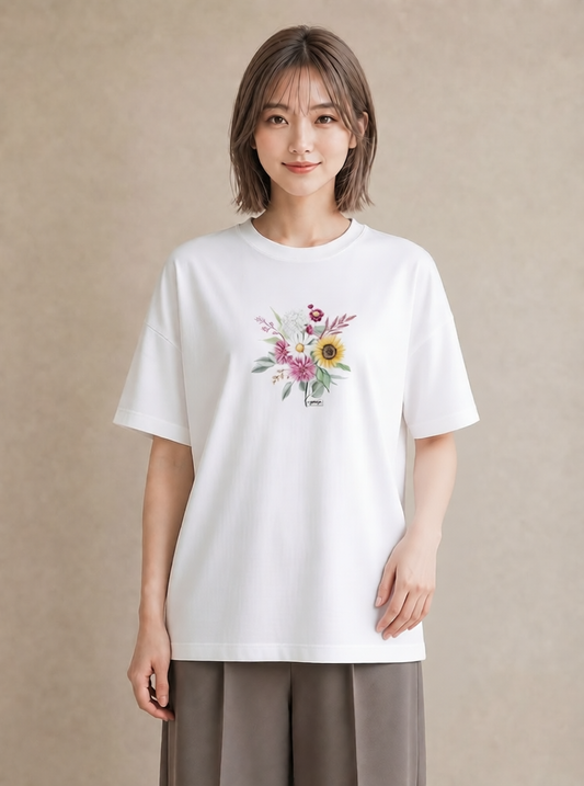 デザインTシャツ レディース ひまわり 向日葵 花 花柄 イラスト ナチュラル 母の日 ビーチ 白T YMAZO