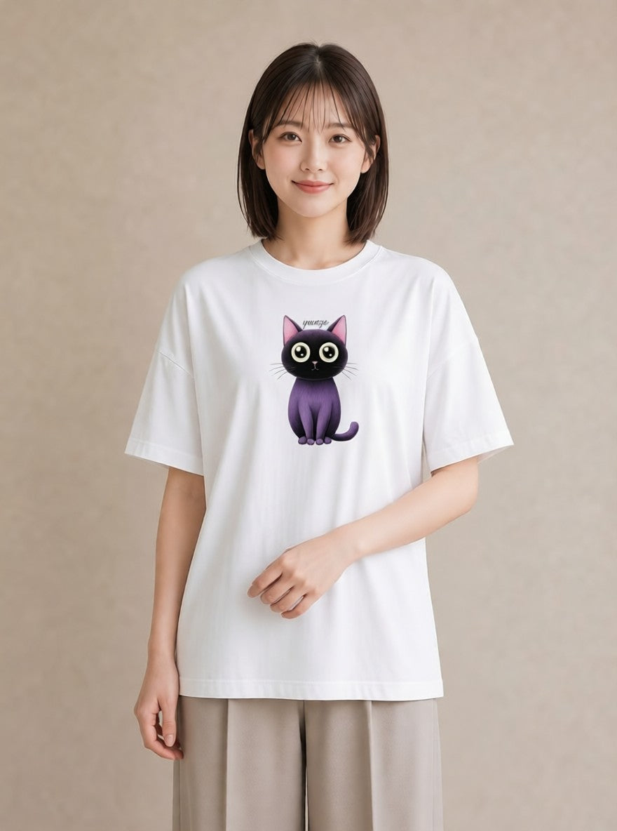 半袖Tシャツ レディース ニャンコ 猫 ねこ イラスト 淡色 夏コーデ 通学 白T YMAZO