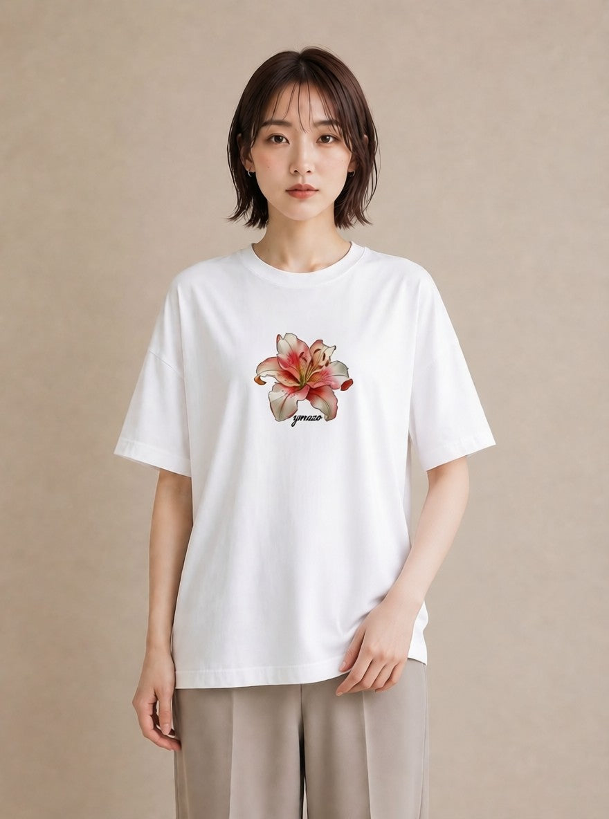 Tシャツ レディース ゆり 百合 花 花柄 イラスト モード 帰省 ラフ 白T YMAZO