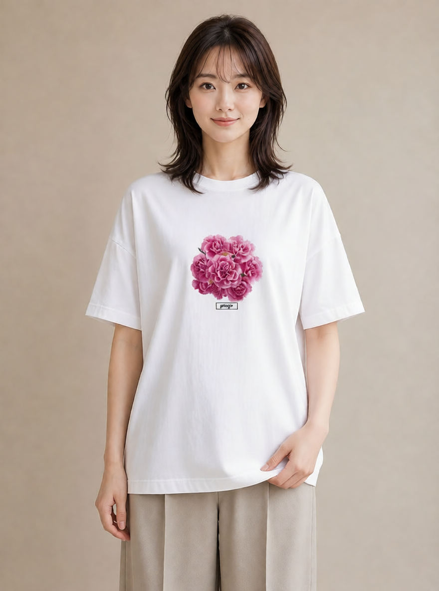 半袖Tシャツ レディース カーネーション 花 花柄 イラスト ゆるコーデ 母の日 ビーチ 白T