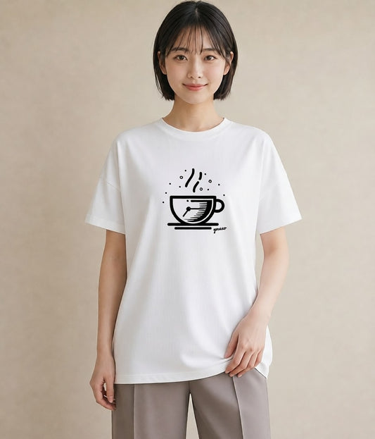 半袖Tシャツ レディース コーヒー カフェ 珈琲 イラスト 手描き風 普段着 週末コーデ 白T YMAZO