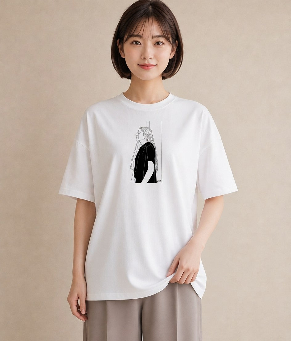 Tシャツ レディース 女の子 ガール 後ろ姿 イラスト ラフ 散歩 お出かけ 白T YMAZO