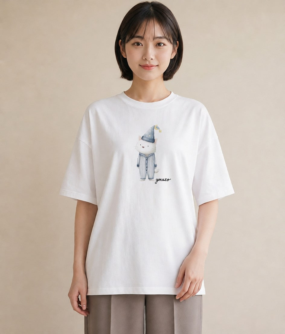 プリントTシャツ レディース ハチワレ 白黒猫 猫 ねこ イラスト ユニーク 女子会 お揃い 白T YMAZO