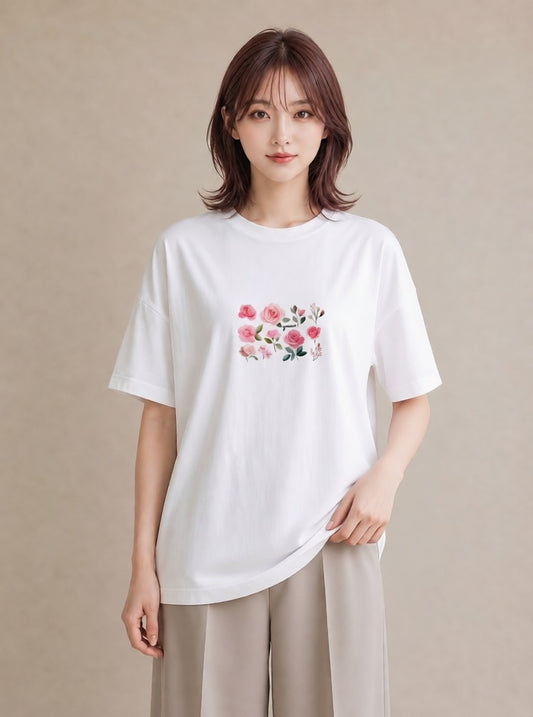 デザインTシャツ レディース バラ 薔薇 ローズ 花 花柄 イラスト ガーリー 散歩 お出かけ 白T YMAZO