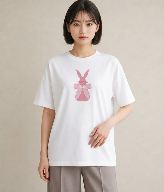 半袖Tシャツ レディース リボン 蝶結び ナチュラル アンティーク イラスト 水彩風 普段着 週末コーデ 白T