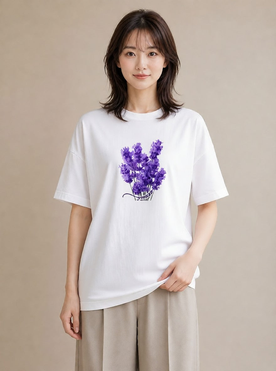 半袖Tシャツ レディース ラベンダー 花 花柄 イラスト 韓国風 誕生日プレゼント 綿100 白T YMAZO