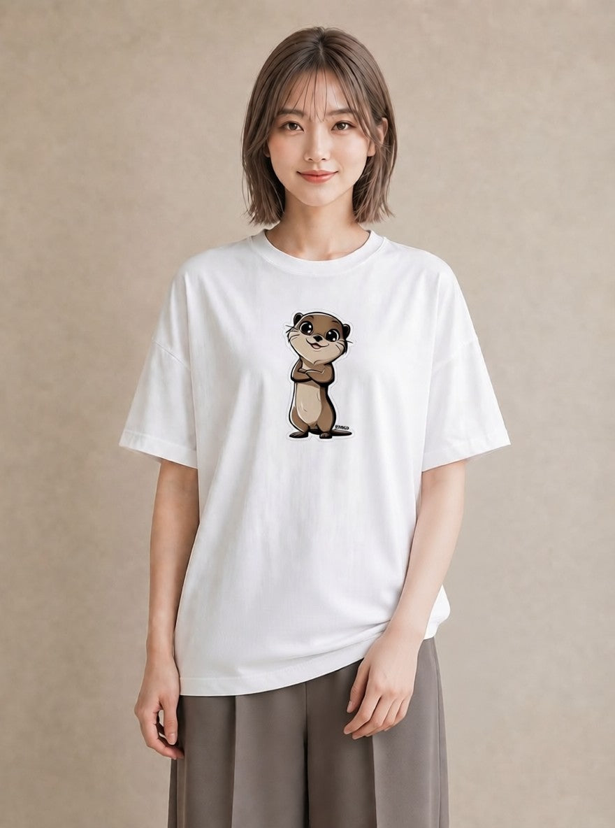 グラフィックTシャツ レディース コツメカワウソ 動物 アニマル イラスト ガーリー ラフ レイヤード 白T YMAZO