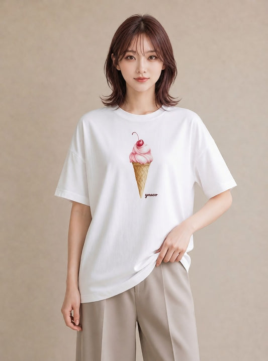 Tシャツ レディース アイス 食べ物 フード イラスト ゆるかわ 海 カフェ巡り 白T YMAZO