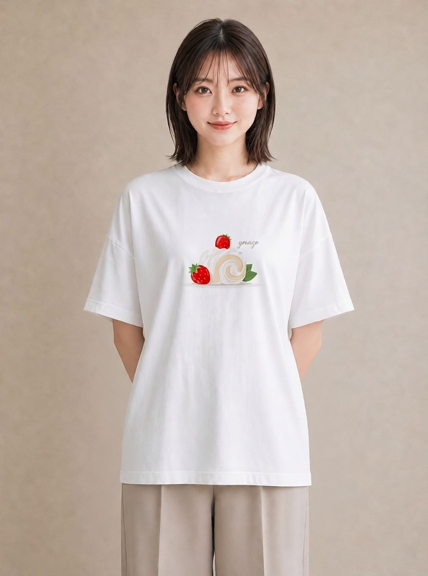 Tシャツ レディース ショートケーキ 食べ物 フード イラスト ユニーク デート 帰省 白T YMAZO