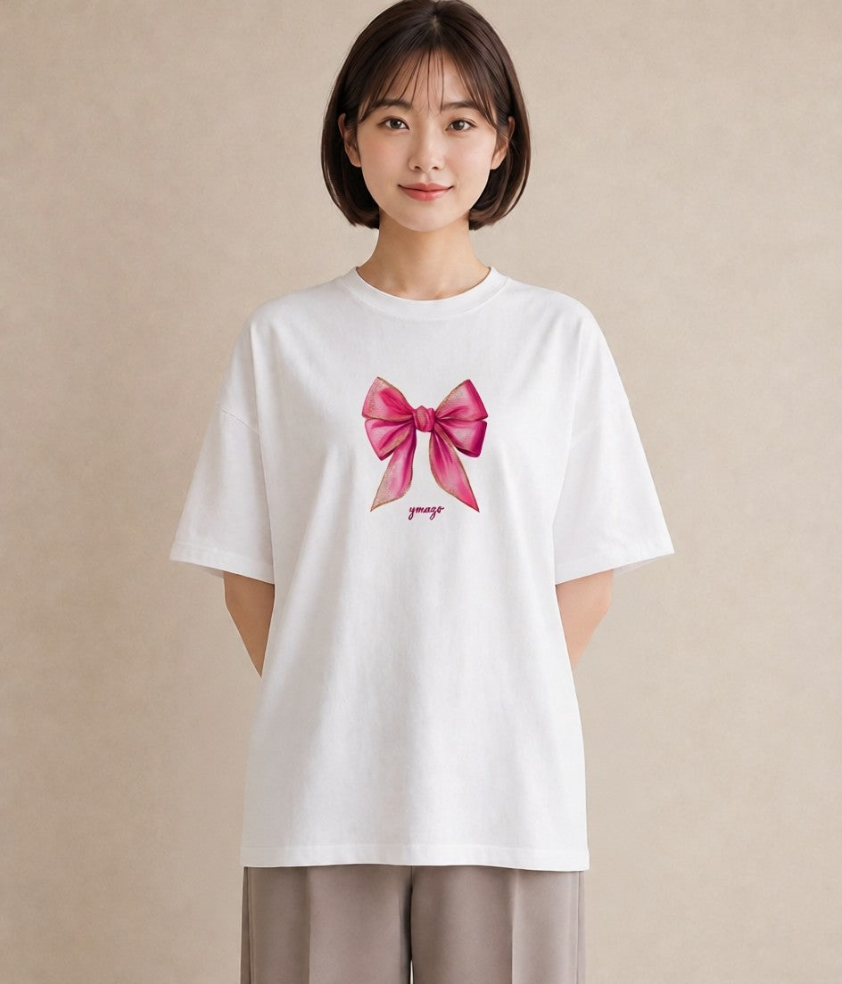 グラフィックTシャツ レディース リボン 蝶結び ナチュラル アンティーク イラスト 淡色 レイヤード 友達ギフト 白T YMAZO