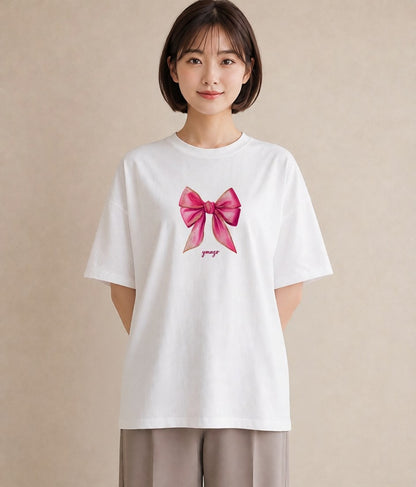 グラフィックTシャツ レディース リボン 蝶結び ナチュラル アンティーク イラスト 淡色 レイヤード 友達ギフト 白T YMAZO