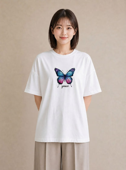 プリントTシャツ レディース ちょうちょ 蝶 バタフライ 昆虫 虫 イラスト 淡色 帰省 ラフ 白T YMAZO
