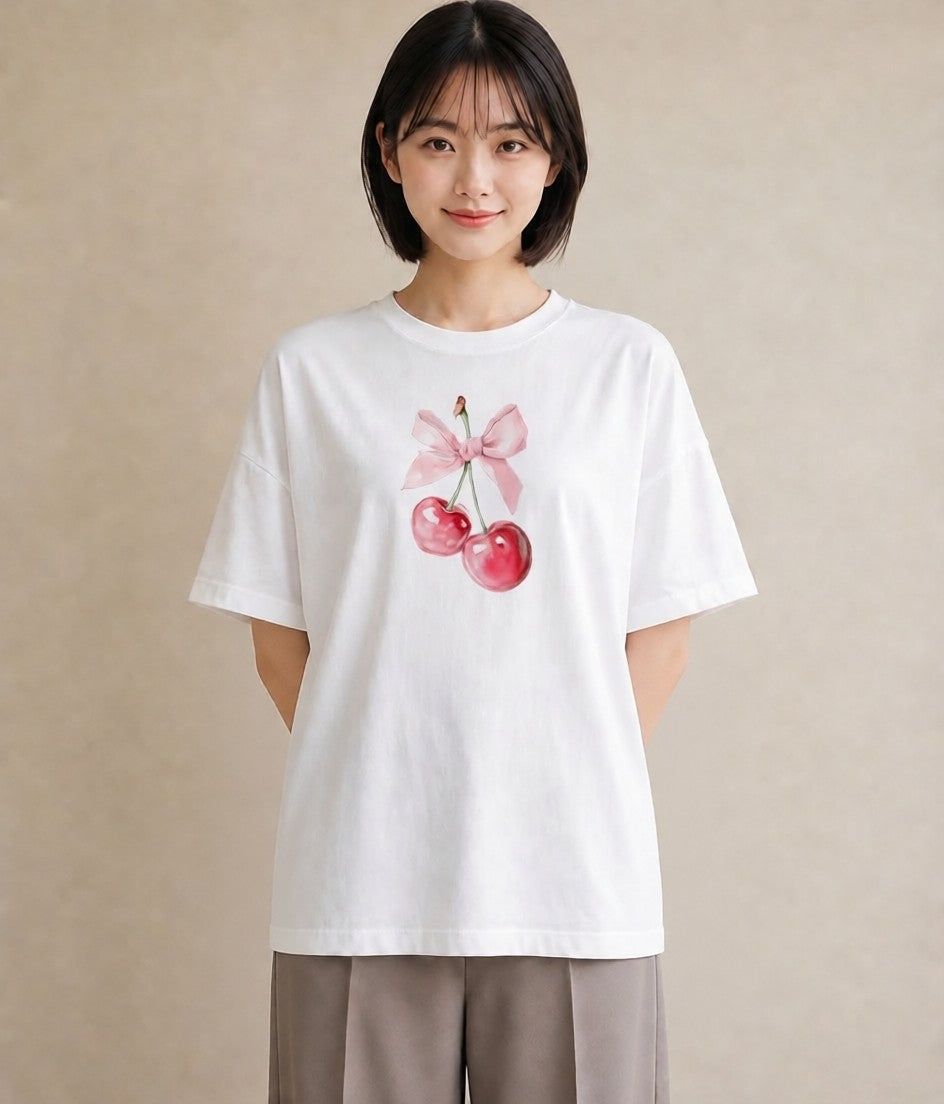 デザインTシャツ レディース さくらんぼ チェリー 食べ物 フード イラスト 20代 カジュアルコーデ 白T YMAZO