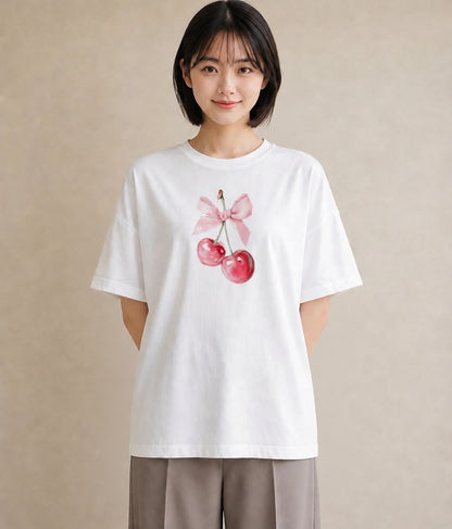 デザインTシャツ レディース さくらんぼ チェリー 食べ物 フード イラスト 20代 カジュアルコーデ 白T YMAZO