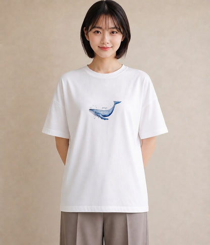 プリントTシャツ レディース クジラ 海の生き物 海 イラスト ナチュラル 休日 ペアコーデ 白T YMAZO
