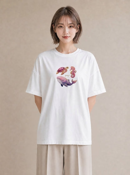 デザインTシャツ レディース タツノオトシゴ 海の生き物 海 イラスト ラフカジュアル お出かけ 普段着 白T YMAZO