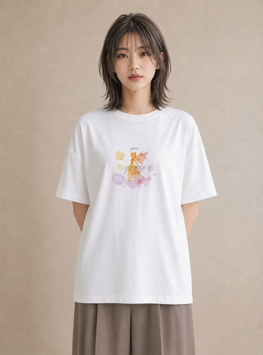 半袖Tシャツ レディース オーロラ 星空 宇宙 イラスト シンプル カジュアルコーデ 買い物 白T YMAZO