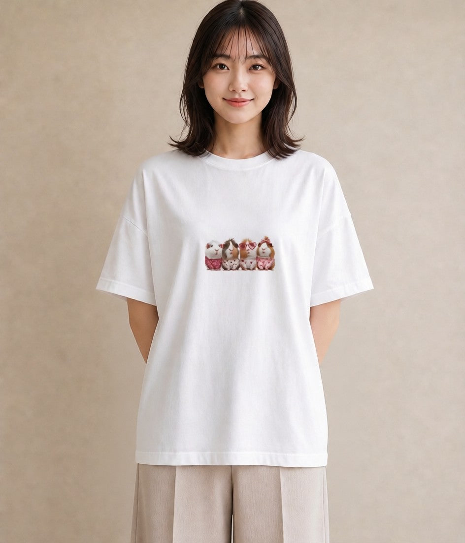 Tシャツ レディース モルモット ペット 動物 イラスト ラフ 誕生日プレゼント 綿100 白T YMAZO