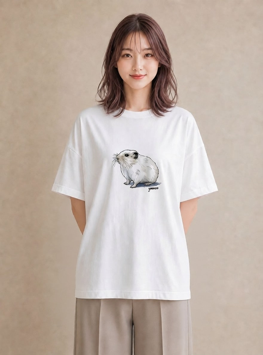 半袖Tシャツ レディース フェレット ペット 動物 イラスト 北欧風 デイリーウェア 休日 白T YMAZO