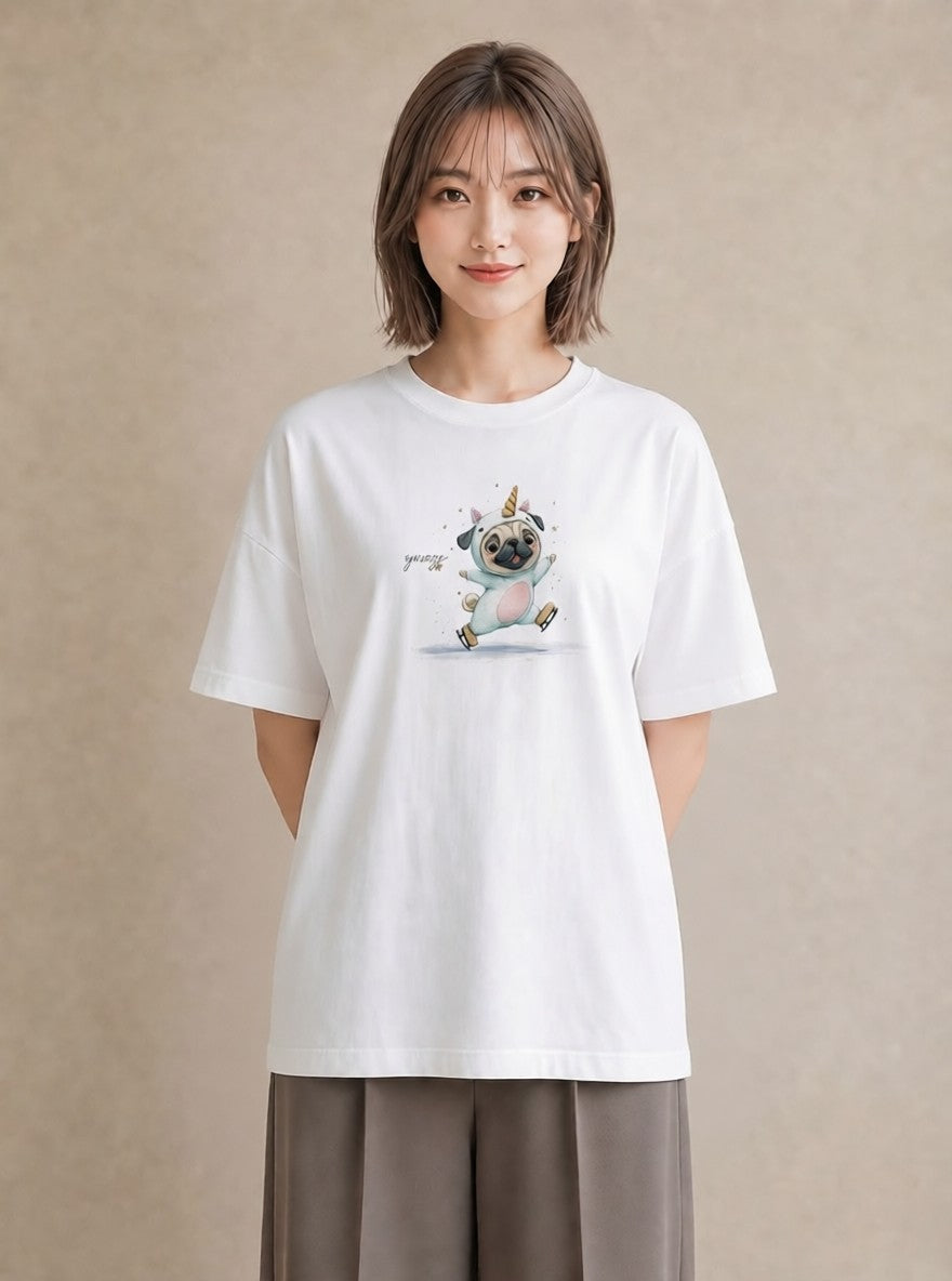 プリントTシャツ レディース パグ 犬 いぬ イラスト ニュアンス 社会人 女性 白T YMAZO