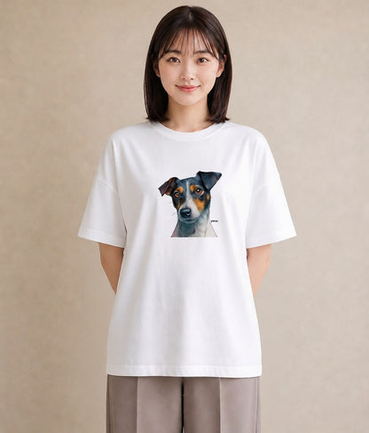 Tシャツ レディース ジャックラッセルテリア 犬 いぬ イラスト ニュアンス 綿100 デート 白T YMAZO