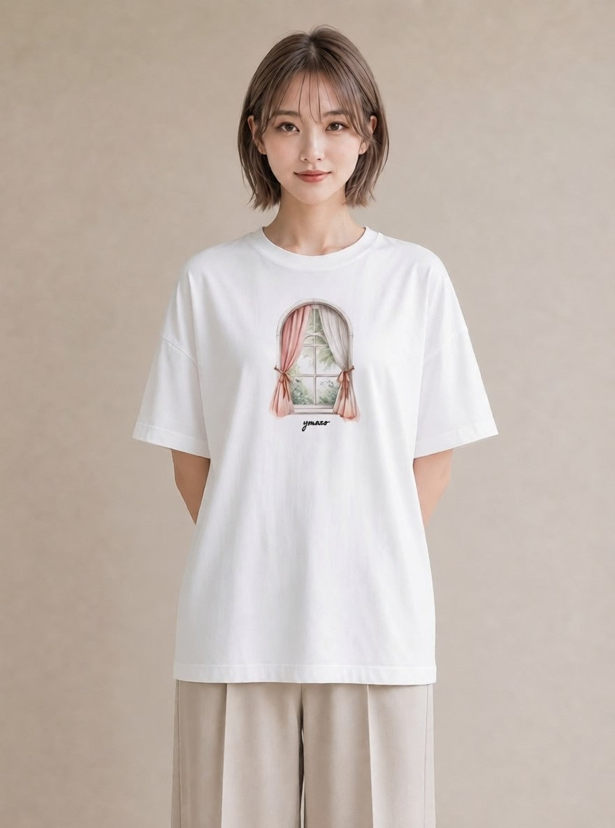 半袖Tシャツ レディース 窓辺の雨 雨の日 窓 ナチュラル アンティーク イラスト ミニマル ビーチ デイリーウェア 白T YMAZO