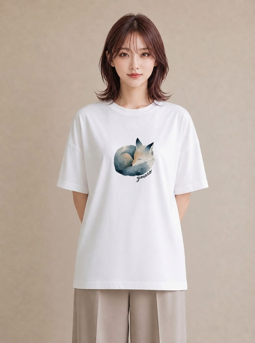 プリントTシャツ レディース きつね 動物 アニマル イラスト ナチュラル ホワイトデー 春服 白T YMAZO
