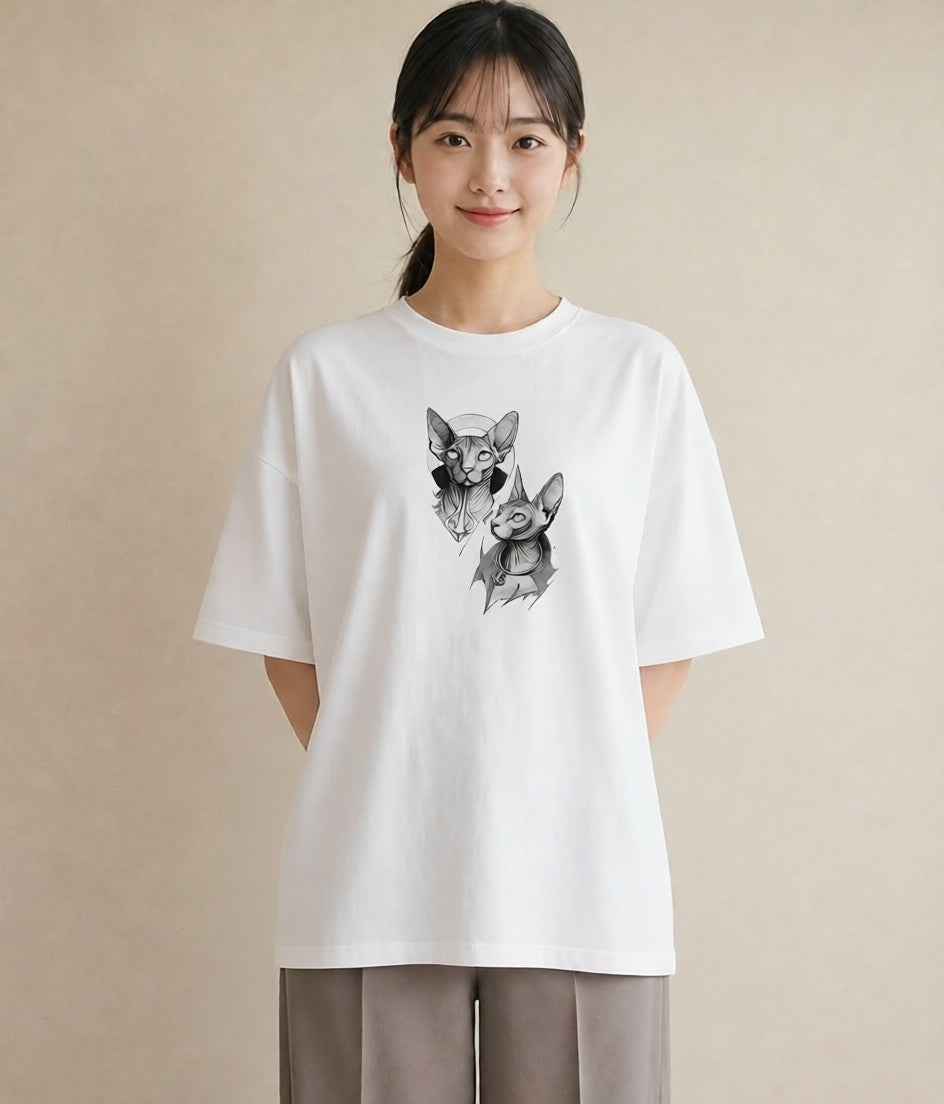 Tシャツ レディース スフィンクス 猫 ねこ イラスト お洒落 送別ギフト 通勤 白T YMAZO