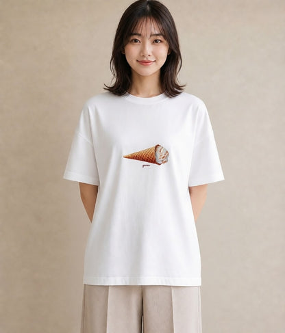 半袖Tシャツ レディース ソフトクリーム 食べ物 フード イラスト ナチュラル ペアコーデ 秋コーデ 白T YMAZO