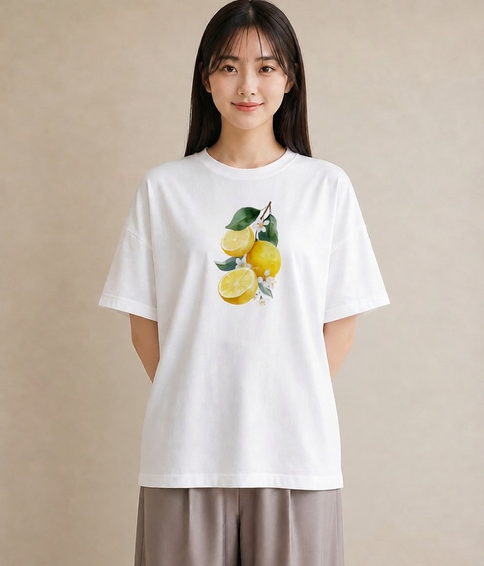半袖Tシャツ レディース レモン 檸檬 食べ物 フード イラスト カフェコーデ 海 カフェ巡り 白T YMAZO