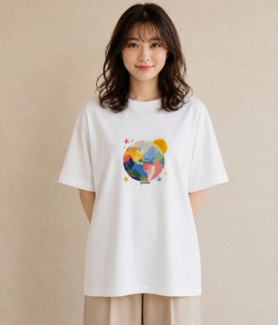デザインTシャツ レディース 地球 星空 宇宙 イラスト 水彩風 女性 旅行用 白T YMAZO