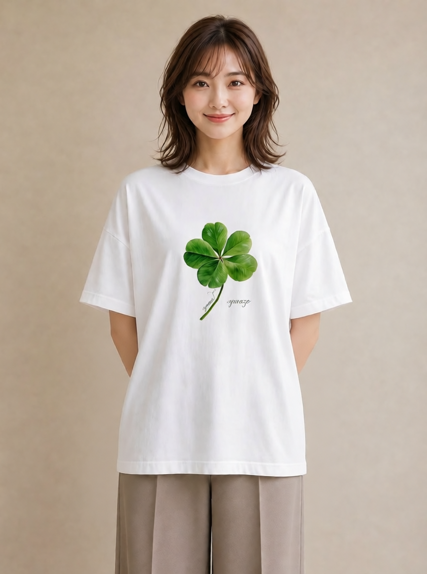 プリントTシャツ レディース クローバー 四つ葉 花 花柄 イラスト 上品 綿100 デート 白T YMAZO