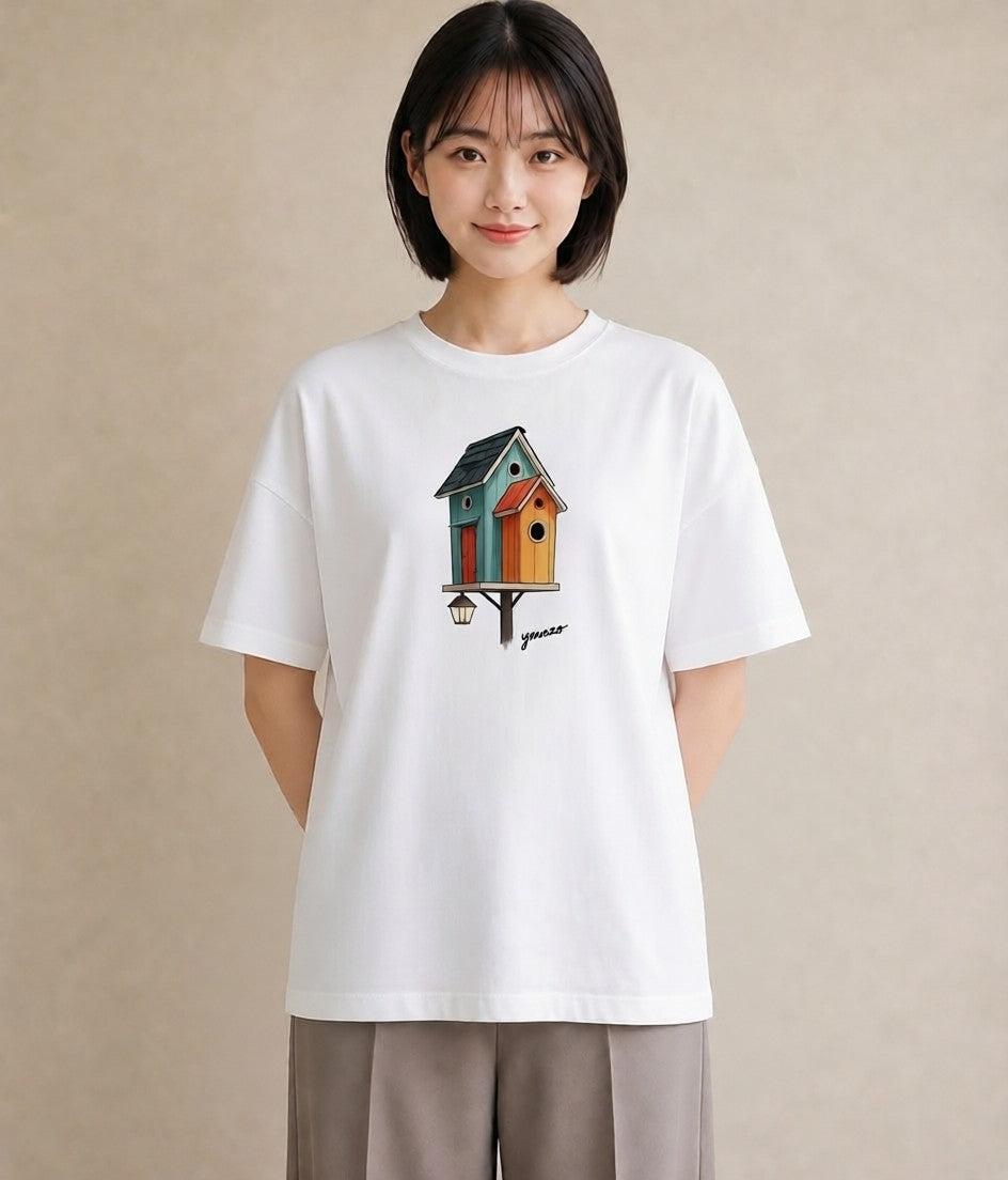 プリントTシャツ レディース 遠い家と鳥 風景 鳥 ナチュラル アンティーク イラスト ポップ デイリーウェア 休日 白T YMAZO