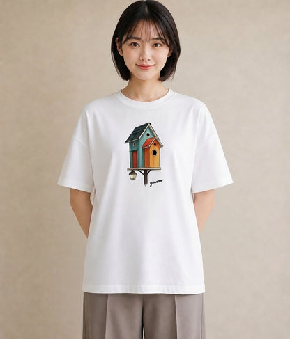 プリントTシャツ レディース 遠い家と鳥 風景 鳥 ナチュラル アンティーク イラスト ポップ デイリーウェア 休日 白T YMAZO