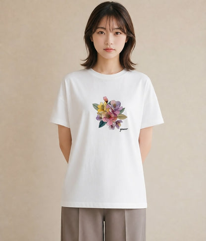 プリントTシャツ レディース パンジー 花 花柄 イラスト ナチュラル 敬老の日 ホワイトデー 白T YMAZO